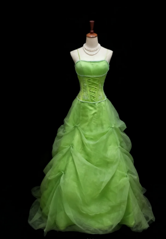 Fairy Spaghetti Straps A-Line Long Prom Dresses Tulle Green Evening Gowns Sleeveless Birthday Dresses ED05686