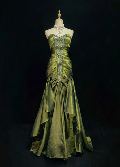 Fairy Sweetheart Neck Sheath Long Prom Dresses Satin Green Evening Gowns Sleeveless Birthday Dresses ED05688