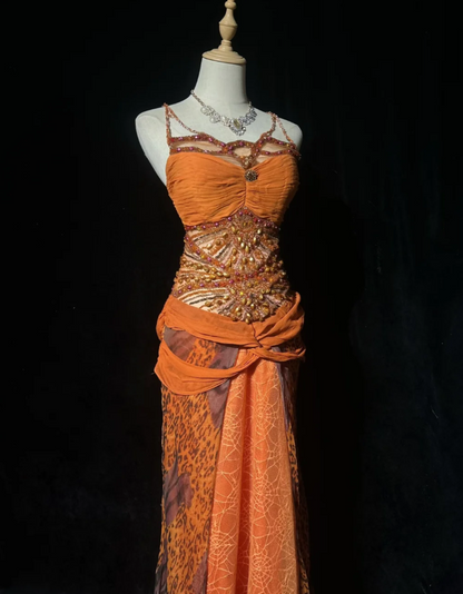 Gorgeous Spaghetti Straps Sheath Long Prom Dresses Beaded Tulle Orange Evening Gowns Sleeveless Orange Christmas Dresses ED05694