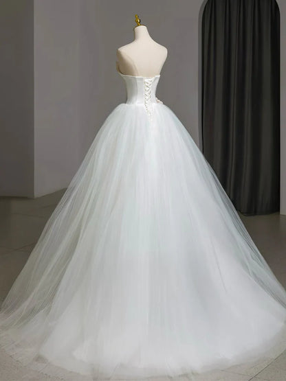 A-Line Tulle White Long Prom Dress, White Long Formal Dress ED0569