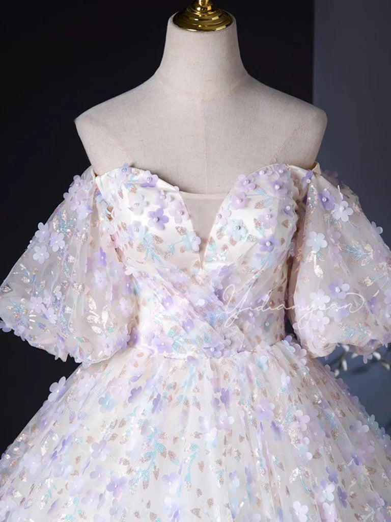 A-Line Sweetheart Neck Tulle Lace Light Purple Long Prom Dress ED057