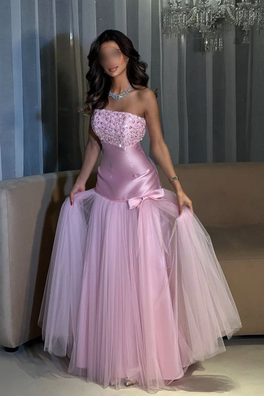 Cute Strapless Sheath Long Prom Dresses Satin Pink Evening Gowns Sleeveless Christmas Dresses ED05700