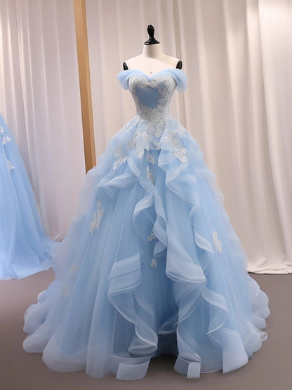 Fairytale _©µBlue A-Line Long Prom Dress for Birthday&Quinceanera Sweet Tulle Lace off Shoulder Evening Dresses ED0570