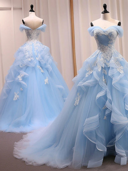 Fairytale _©µBlue A-Line Long Prom Dress for Birthday&Quinceanera Sweet Tulle Lace off Shoulder Evening Dresses ED0570