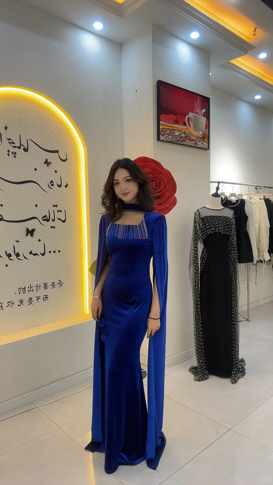 Elegant Sheath Royal Blue Long Prom Dresses Velvet Wedding Guest Dresses  ED05711