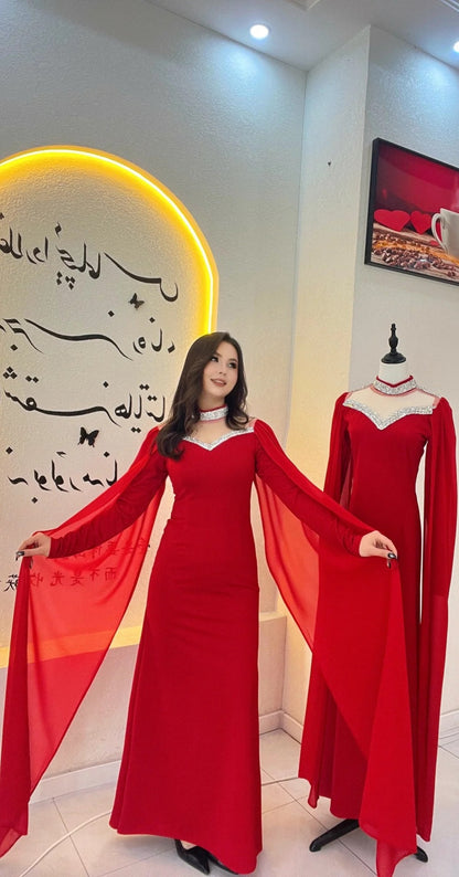 Elegant Sheath Red Long Prom Dresses Chiffon Long Sleeves Wedding Guest Dresses  ED05712