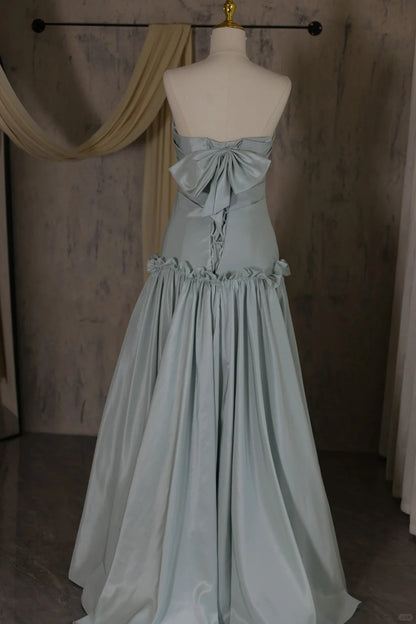 Gorgeous A-Line Tiffany Blue Long Prom Dresses Satin Strapless Evening Dresses Sleeveless Birthday Dresses ED05714