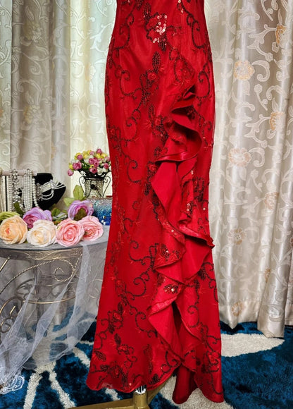 Gorgeous Red Sheath Long Prom Dresses Halter Beaded Satin Evening Gowns Sleeveless Birthday Dresses ED05718