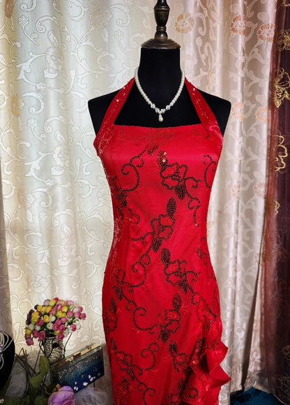 Gorgeous Red Sheath Long Prom Dresses Halter Beaded Satin Evening Gowns Sleeveless Birthday Dresses ED05718