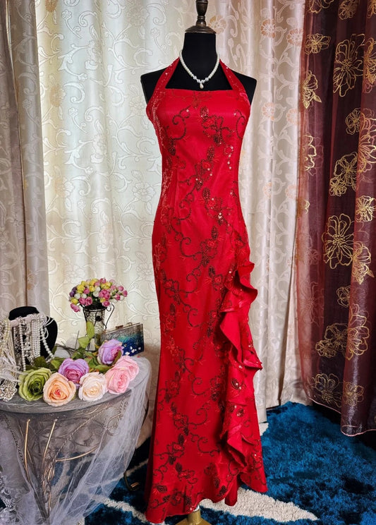 Gorgeous Red Sheath Long Prom Dresses Halter Beaded Satin Evening Gowns Sleeveless Birthday Dresses ED05718