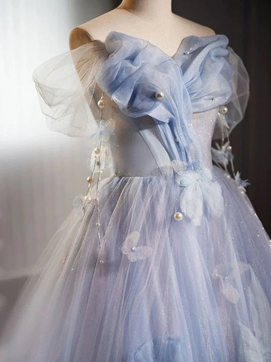 A-line Off Shoulder Tulle Flower Blue Long Prom Dress, Blue Long Formal Dress ED0571