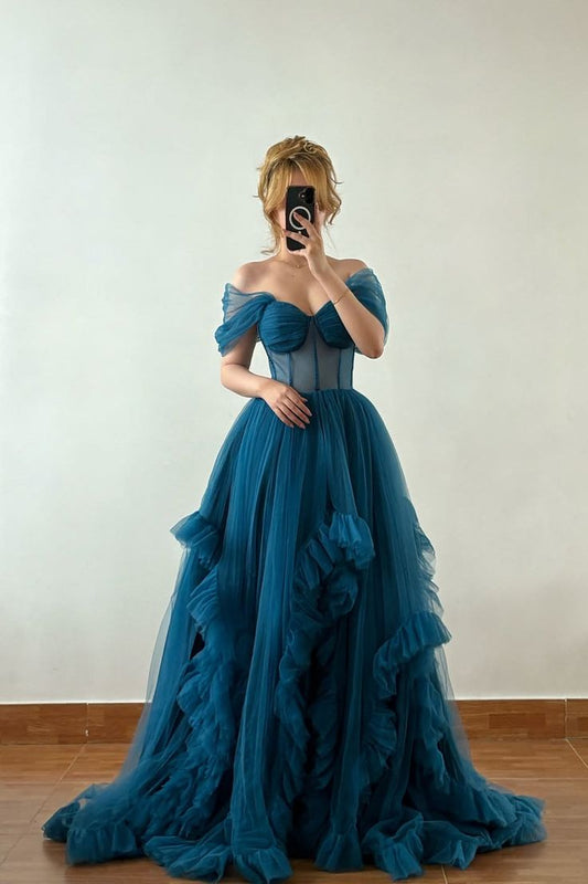 Chic Teal A-Line Long Prom Dresses Off-shoulder Evening Dresses  Tulle Sleeveless Formal Dresses ED05726