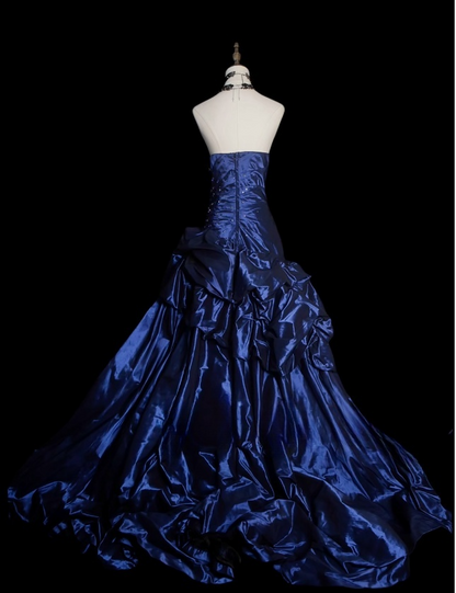 Gorgeous Navy Blue Sheath Long Prom Dresses Strapless Evening Dresses  SatinSleeveless Formal Dresses ED05727