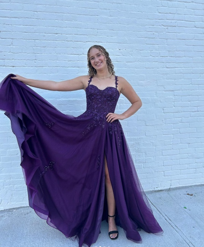 Gorgeous Dark Purple A-Line Long Prom Dresses with Slit Tulle Appliques Spaghetti Straps Evening Dresses Sleeveless Formal Dresses ED05728