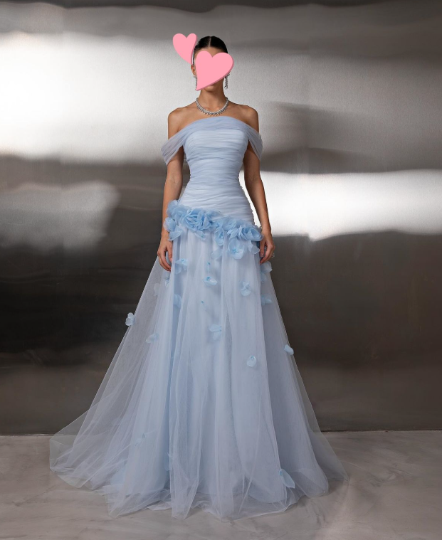 Glam Blue A-Line Long Prom Dresses Tulle Off-shoulder Evening Dresses Sleeveless Birthday Dresses ED05736