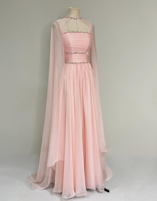 Gorgeous Pink A-Line Long Prom Dresses Chiffon Spaghetti Strapless Evening Dresses Sleeveless Birthday Dresses ED05740
