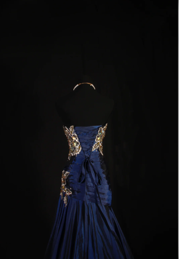 Glam Sheath Navy Blue Long Prom Dresses Satin Appliques Strapless Evening Dresses Sleeveless Christmas Dresses ED05745