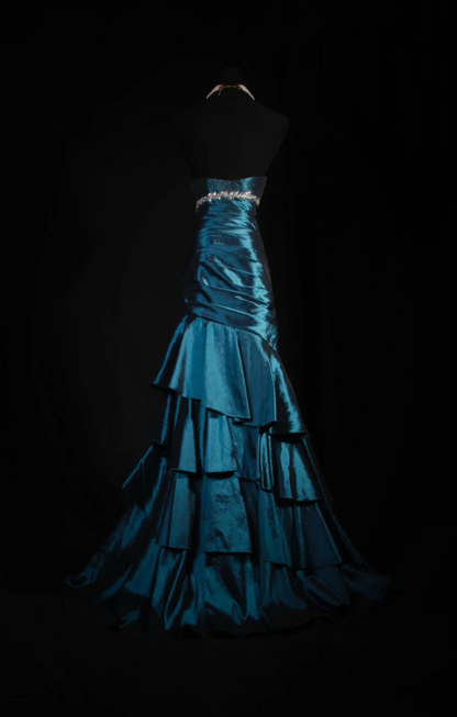 Glam Sheath Dark Teal Long Prom Dresses Satin Beaded Strapless Evening Dresses Sleeveless Birthday Dresses ED05746
