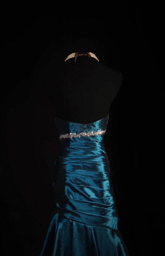 Glam Sheath Dark Teal Long Prom Dresses Satin Beaded Strapless Evening Dresses Sleeveless Birthday Dresses ED05746