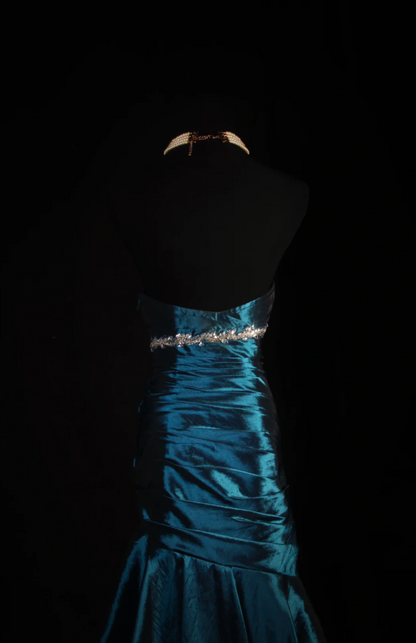 Glam Sheath Dark Teal Long Prom Dresses Satin Beaded Strapless Evening Dresses Sleeveless Birthday Dresses ED05746