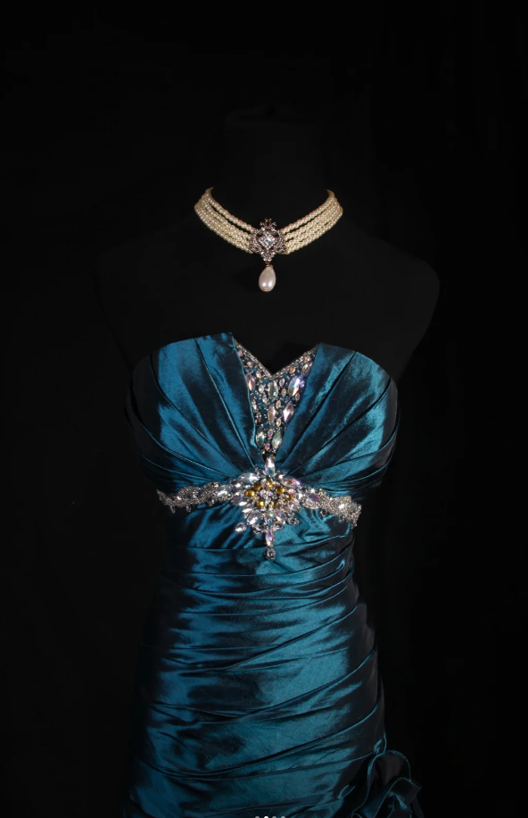 Glam Sheath Dark Teal Long Prom Dresses Satin Beaded Strapless Evening Dresses Sleeveless Birthday Dresses ED05746