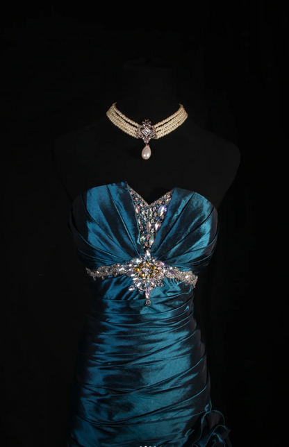 Glam Sheath Dark Teal Long Prom Dresses Satin Beaded Strapless Evening Dresses Sleeveless Birthday Dresses ED05746