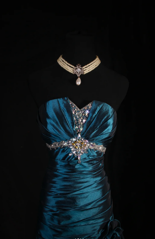 Glam Sheath Dark Teal Long Prom Dresses Satin Beaded Strapless Evening Dresses Sleeveless Birthday Dresses ED05746