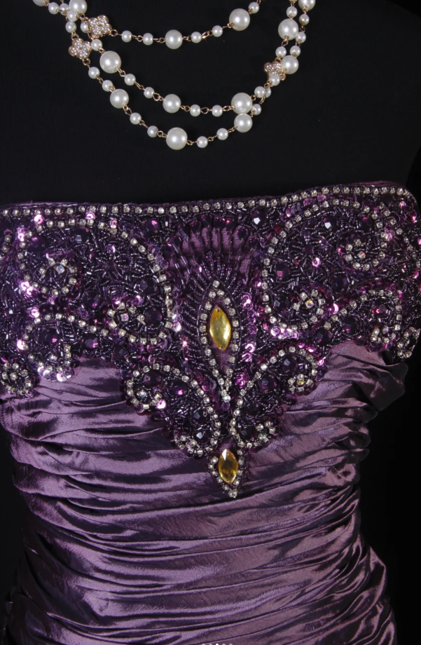 Glam Sheath Purple Long Prom Dresses Satin Beaded Strapless Evening Dresses Sleeveless Birthday Dresses ED05747