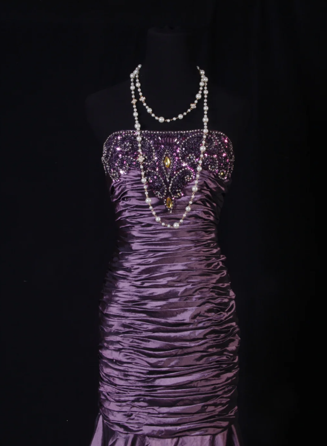 Glam Sheath Purple Long Prom Dresses Satin Beaded Strapless Evening Dresses Sleeveless Birthday Dresses ED05747
