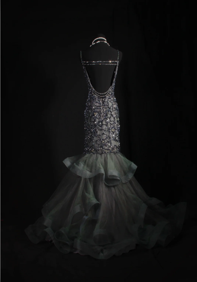 Glam Mermaid Atrovirens Long Prom Dresses Tulle Beaded Spaghetti Straps Evening Dresses Sleeveless Birthday Dresses ED05754