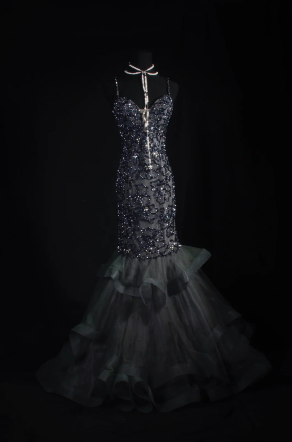 Glam Mermaid Atrovirens Long Prom Dresses Tulle Beaded Spaghetti Straps Evening Dresses Sleeveless Birthday Dresses ED05754