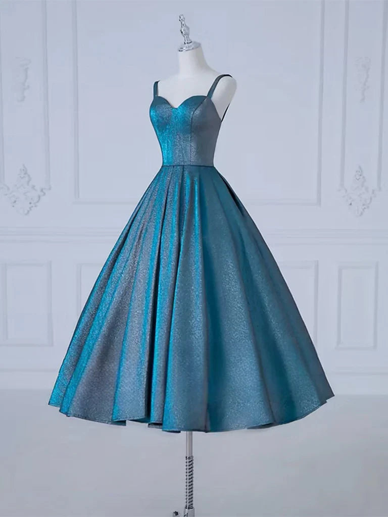 A-Line Sweetheart Neck Satin Tea Length Blue Prom Dress, Blue Formal Dress ED0576