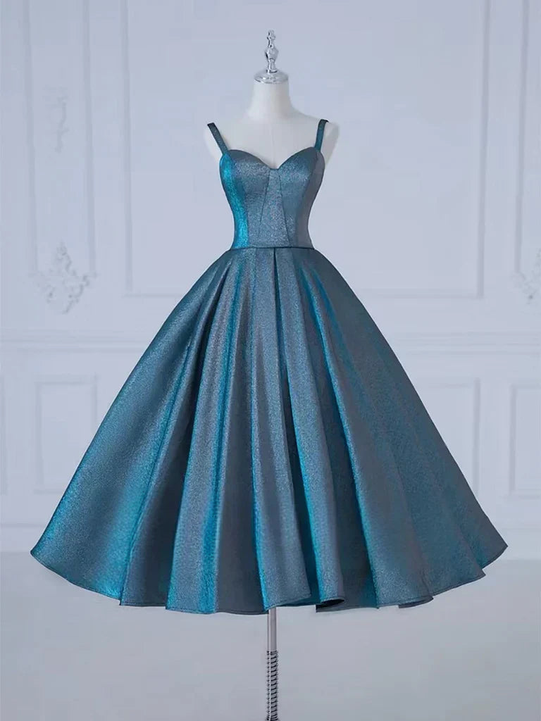 Sweetheart Neck Satin Tea Length Blue Prom Dress, Blue Formal Dress HZ1024