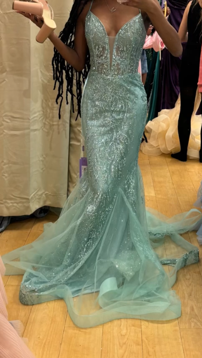 Chic Sheath Green Long Prom Dresses Tulle Sequins Spaghetti Straps Evening Dresses Sleeveless Birthday Dresses ED05760