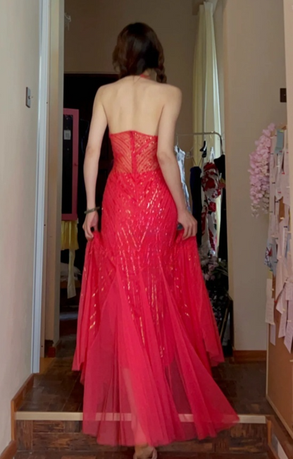 Chic Mermaid Long Prom Dresses Sequins Tulle Red Evening Gowns Halter Sleeveless Birthday Dresses ED05772