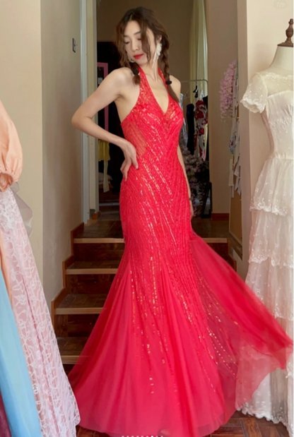 Chic Mermaid Long Prom Dresses Sequins Tulle Red Evening Gowns Halter Sleeveless Birthday Dresses ED05772