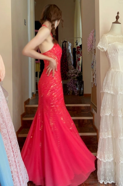 Chic Mermaid Long Prom Dresses Sequins Tulle Red Evening Gowns Halter Sleeveless Birthday Dresses ED05772