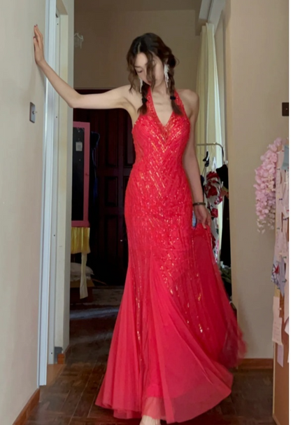 Chic Mermaid Long Prom Dresses Sequins Tulle Red Evening Gowns Halter Sleeveless Birthday Dresses ED05772