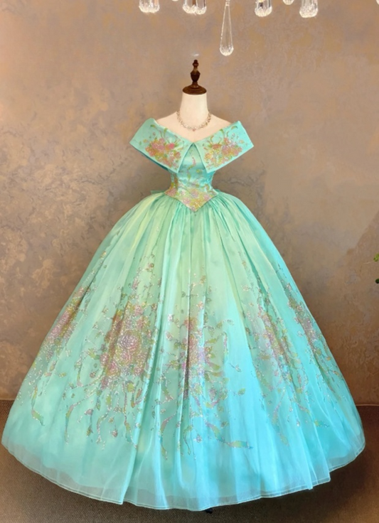 Chic A-Line Long Prom Dresses Glitter Tulle Blue Evening Gowns Off-shoulder Sleeveless Birthday Dresses ED05773