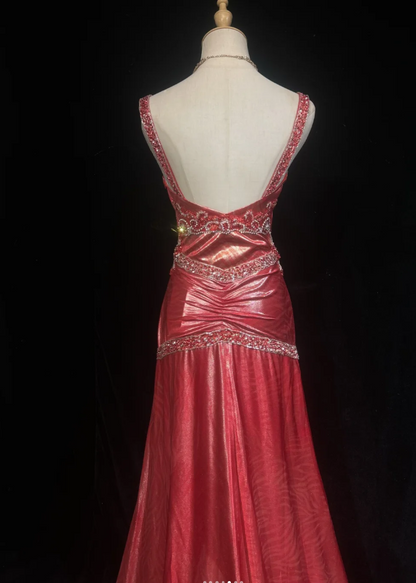 Chic Sheath Long Prom Dresses Satin Red Evening Gowns V-neck Sleeveless Birthday Dresses ED05775