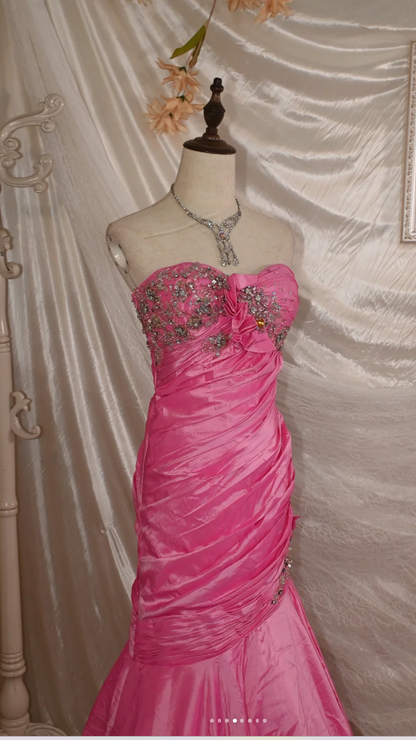 Chic Pink Mermaid Long Prom Dresses Satin Sweetheart Evening Gowns Sleeveless Birthday Dresses  ED05779