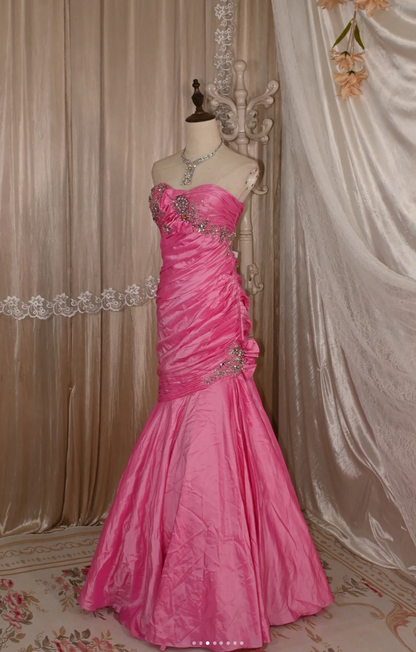 Chic Pink Mermaid Long Prom Dresses Satin Sweetheart Evening Gowns Sleeveless Birthday Dresses  ED05779