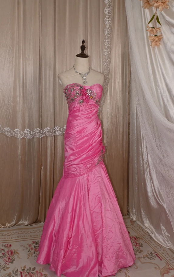 Chic Pink Mermaid Long Prom Dresses Satin Sweetheart Evening Gowns Sleeveless Birthday Dresses  ED05779