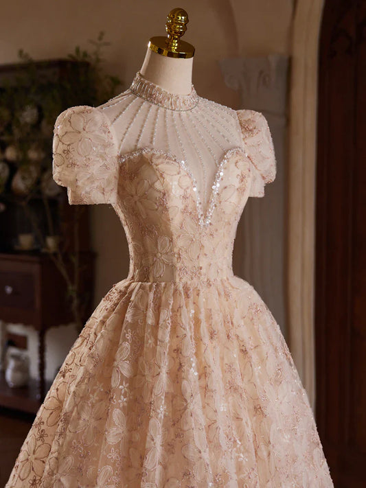 A-line Champagne Pink Tulle Lace Tea Length Prom Dress with Beads ED0578