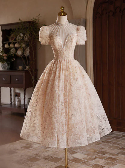Champagne Pink Tulle Lace Tea Length Prom Dress with Beads HZ1024