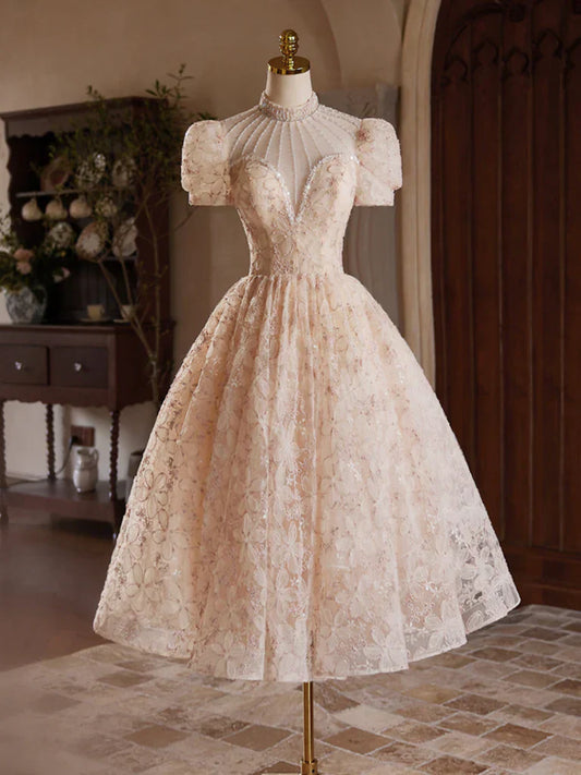 Champagne Pink Tulle Lace Tea Length Prom Dress with Beads HZ1024