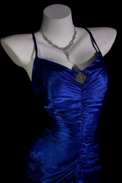 Chic Royal Blue Sheath Long Prom Dresses Satin Spaghetti Straps Evening Gowns Sleeveless Birthday Dresses ED05781
