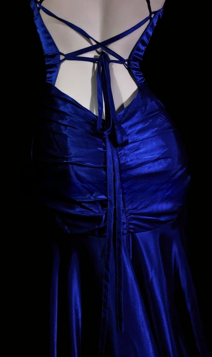 Chic Royal Blue Sheath Long Prom Dresses Satin Spaghetti Straps Evening Gowns Sleeveless Birthday Dresses ED05781