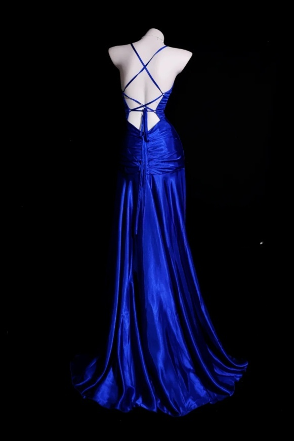 Chic Royal Blue Sheath Long Prom Dresses Satin Spaghetti Straps Evening Gowns Sleeveless Birthday Dresses ED05781