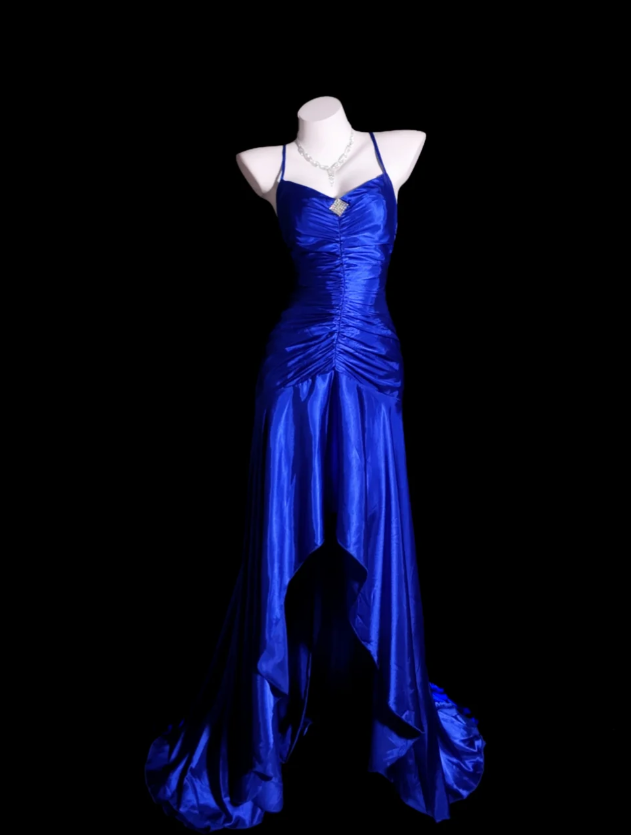 Chic Royal Blue Sheath Long Prom Dresses Satin Spaghetti Straps Evening Gowns Sleeveless Birthday Dresses ED05781
